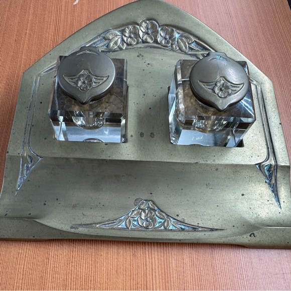 Other - Antique Brass and Glass Inkwell Set